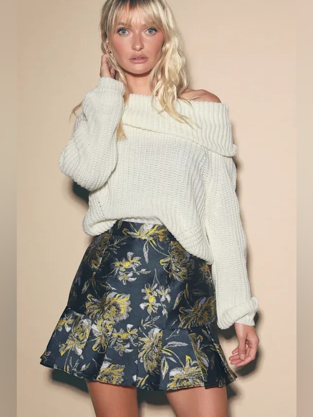 Lulus Moment to Remember Navy Blue Floral Jacquard Trumpet Skirt Sz XS NWT